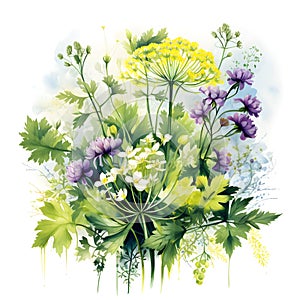 Watercolor illustration of Spices. bunch of parsley with parsley flowers.ai generated