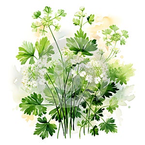 Watercolor illustration of Spices. bunch of parsley with parsley flowers.ai generated