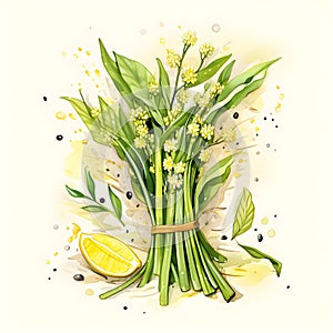 Watercolor illustration of Spices. leek bun with leek flowers,ai generated