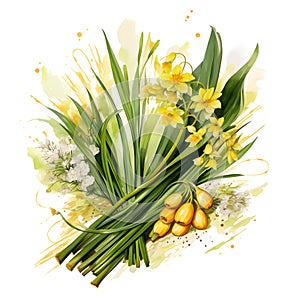 Watercolor illustration of Spices. leek bun with leek flowers.ai generated