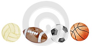 Watercolor illustration of sport balls set football, soccer, basketball and baseball isolated on white background