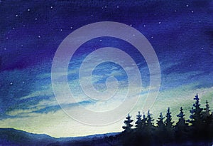 Watercolor illustration of spruce trees and blue starry sky, background for creative design, print, greeting card with