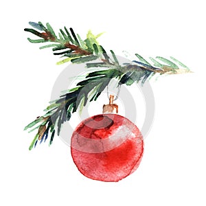 Watercolor illustration of spruce twig with red New Year`s ball on white background. Christmas and New Year hand painted