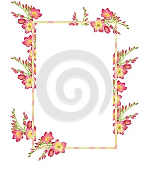 Watercolor illustration Square frame with green leaves and red freesia bouquet, branch with buds