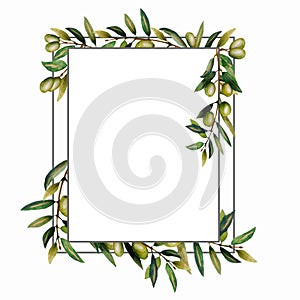 Watercolor illustration.Square frame of olive branches. . Isolated object on a white background. Print for textile