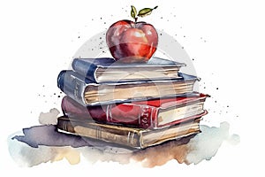 Watercolor Illustration Of Stack Of Books With Apple On Top, Concept Of Knowledge