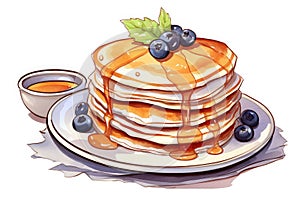 Watercolor illustration of a stack of delicious pancakes decorated with blueberries and maple syrup or honey. Delicious