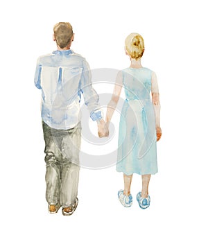 Watercolor illustration of standing couple holding hands, back view. Original relationship illustration isolated on white