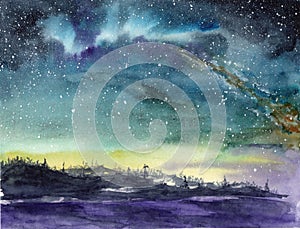 Watercolor illustration of a starry night sky