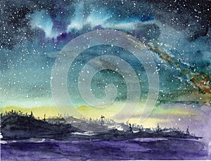 Watercolor illustration of a starry night sky photo