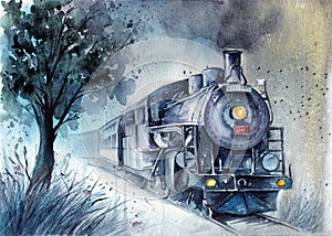 Watercolor illustration of a steam locomotive in gray-green colors