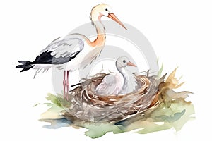 Watercolor Illustration Of Stork With A Little Stork In The Nest