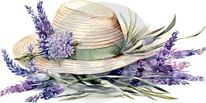 Watercolor Illustration Of Straw Hat With Lavender Banches