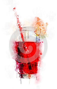 Watercolor Illustration Strawberry Juice Glass