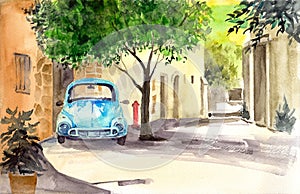 Watercolor illustration of the street of an old European city with a vintage blue car