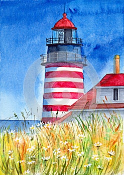 Watercolor illustration of a striped red and white West Quoddy Head Lighthouse