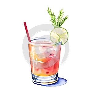 Watercolor illustration of summer drink with straw and lemon in glass isolated on white background