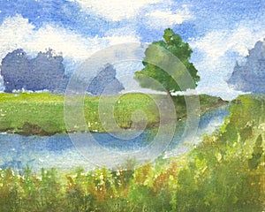 Watercolor illustration of summer landscape with trees, green grass, river, blue sky with clouds