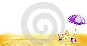 Watercolor illustration of summer theme, beach umbrella, sand castle, children's beach toys on beach sand, holiday