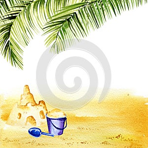 Watercolor illustration of summer theme, sand castle with children beach toys on yellow textured sand, green palm leaves