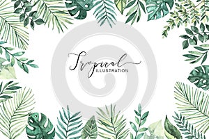 Watercolor illustration. Summer tropical frame. Tropical palm leaves monstera, areca, fan, banana. Perfect for wedding photo