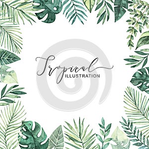 Watercolor illustration. Summer tropical frame. Tropical palm leaves monstera, areca, fan, banana. Perfect for wedding