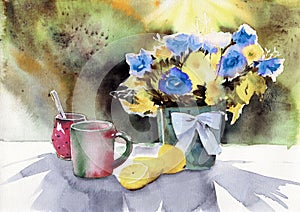 Watercolor illustration of a sun-drenched still life with a vase of wild flowers