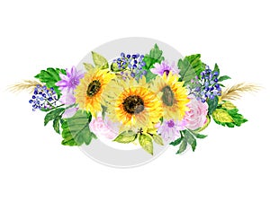 Watercolor illustration sunflower gerbera cosmos rose Botanical leaves collection bouquet arrangements hand painted on white