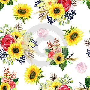 Watercolor illustration sunflower rose wildflower blossom Botanical leaves collection Set of wild and garden seamless pattern