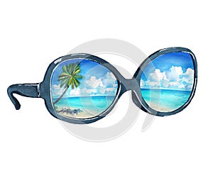 Watercolor illustration of sunglasses with reflection of the tropical beach, palms, ocean and blue sky.