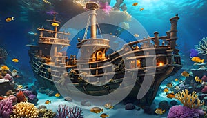 Watercolor illustration of a sunken ship underwater, tropical coral reefs, deep sea wallpaper with colorful fish, shells