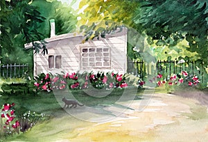 Watercolor illustration of a sunlit country cottage