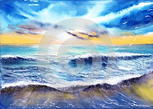 Watercolor illustration of sunset over the sea with blue and orange sky