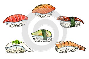Watercolor illustration of sushi icon collection