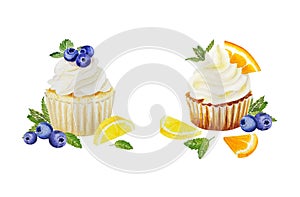 Watercolor illustration of sweet cupcakes with fruits. Cliparts isolated for different cafe menu or food designs