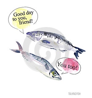 Watercolor illustration of talking funny fish