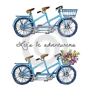 Watercolor illustration of a tandem bicycles