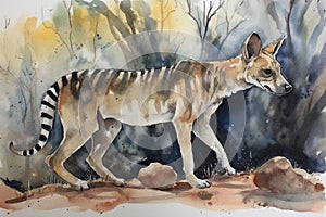 Watercolor illustration of a Tasmanian Tiger