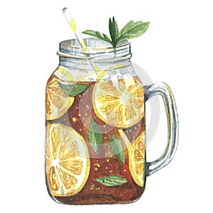 Watercolor illustration tea in mason jar