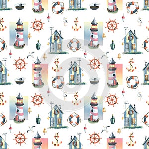 Watercolor illustration on the theme of sea fishing with a seamless pattern. Boat, lighthouse, fishing lodge, seagulls