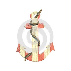 Watercolor illustration on the theme of sea fishing. Wooden anchor.