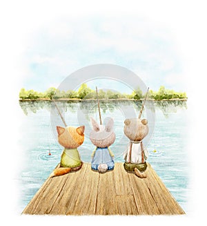 Watercolor illustration with three animal friends fishing in lake against the background of summer landscape