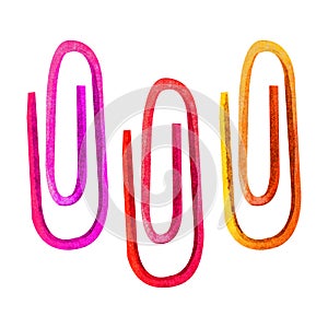 Watercolor illustration of three colorful office paper clips, isolated on white background. A hand-drawn sketch of fixed objects.