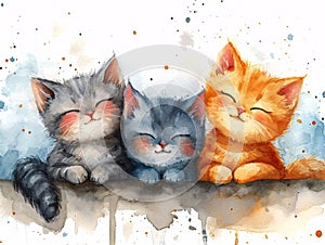 Watercolor illustration with three cute little kitten