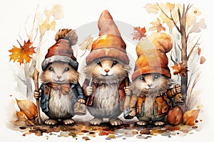 Watercolor illustration of three funny cats in a hat and scarf in autumn forest Generative AI Generative AI