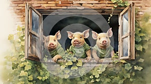 Watercolor Illustration Three Little Pigs As Farmers Staring Out Window