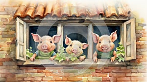 Watercolor Illustration Of Three Pigs Looking Out Of The Window