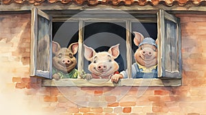 Watercolor Illustration Of Three Pigs Out Of A Window