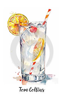 Watercolor illustration of a Tom Collins cocktail isolated on white