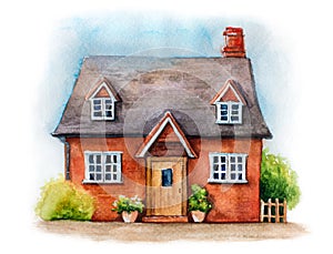 Watercolor illustration of traditional English house isolated on white background